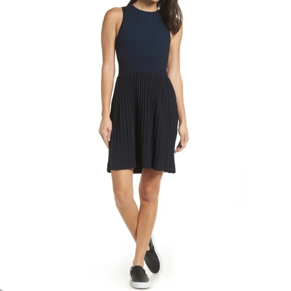 French Connection Black and Blue Pleated Knit Fit & Flare Dress Size 4
